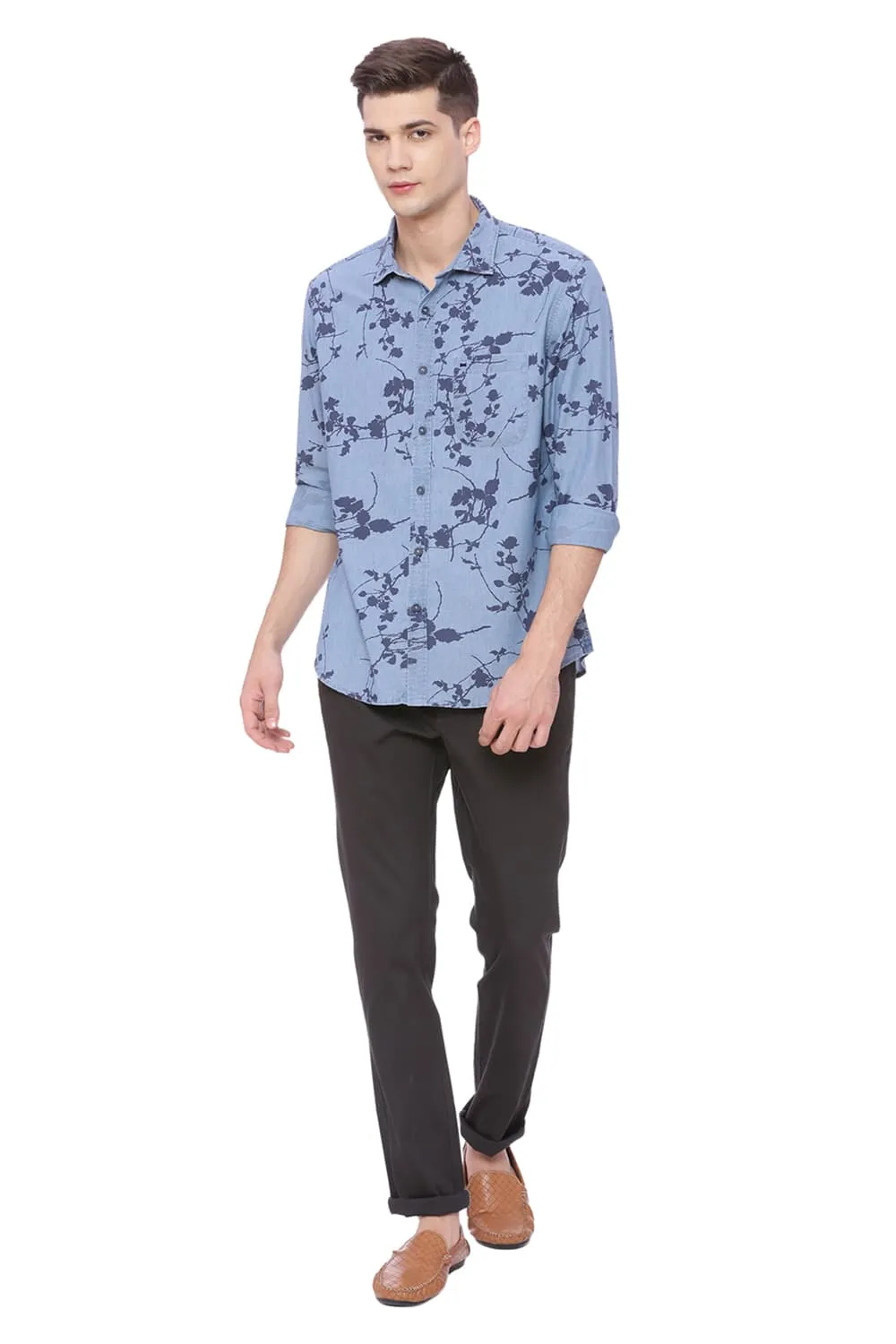 Slim Fit Printed Indigo Shirt