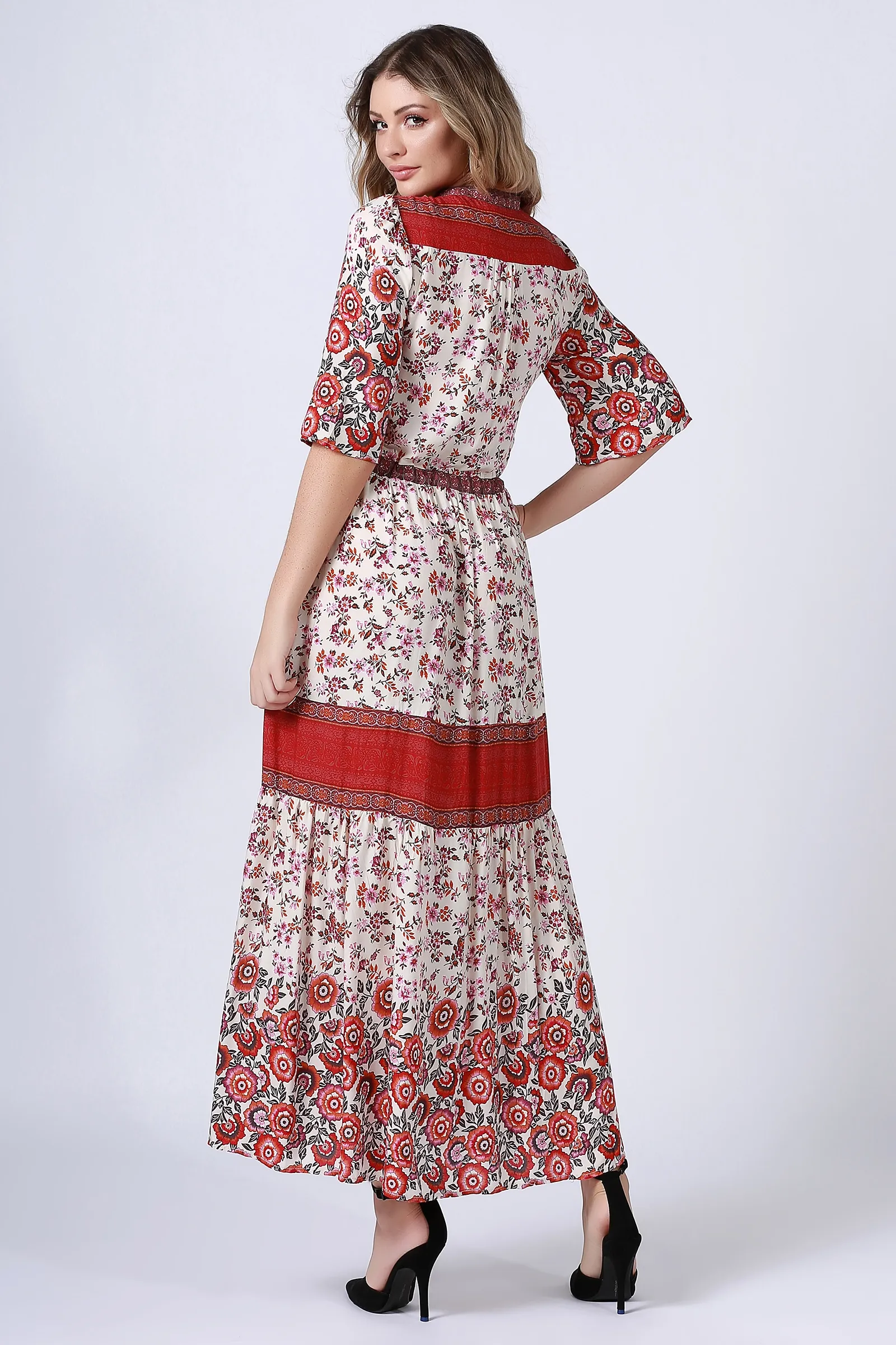 tasseled deep V neck maxi floral boho dress