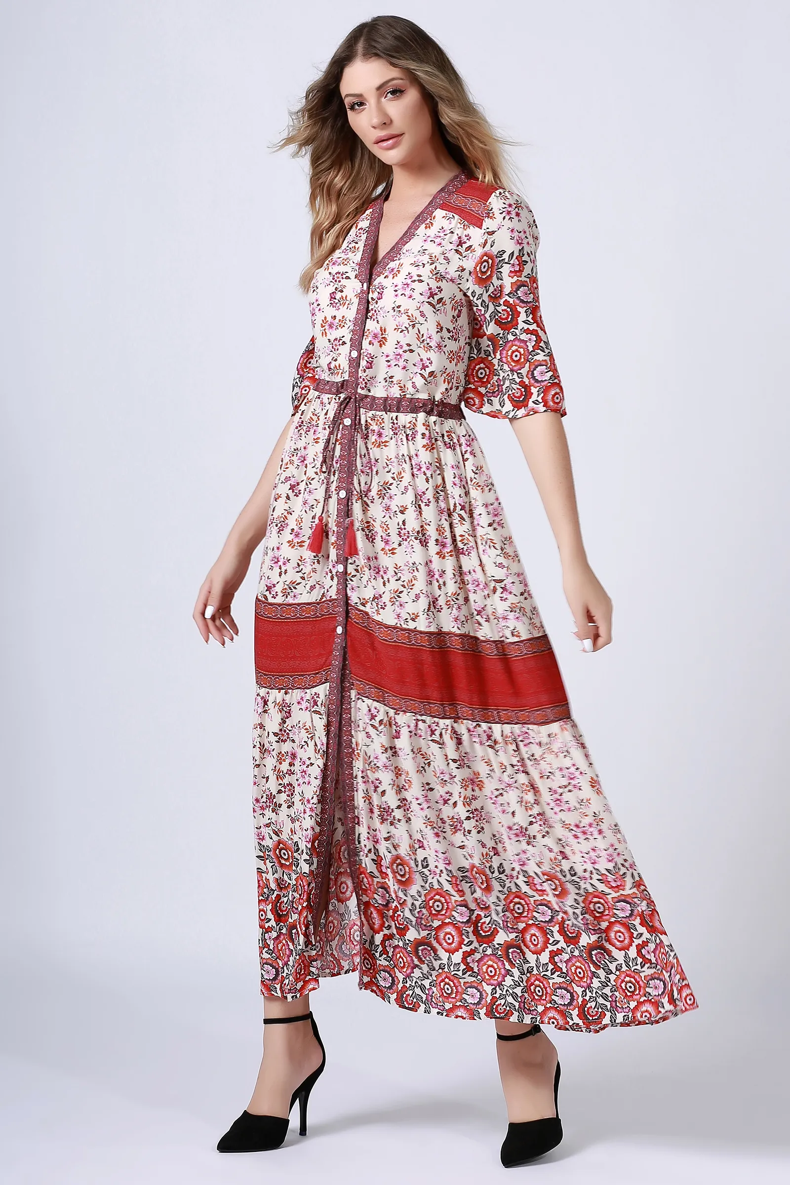 tasseled deep V neck maxi floral boho dress