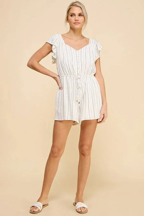 TEXTURED WOVEN STRIPED V-NECK ROMPER