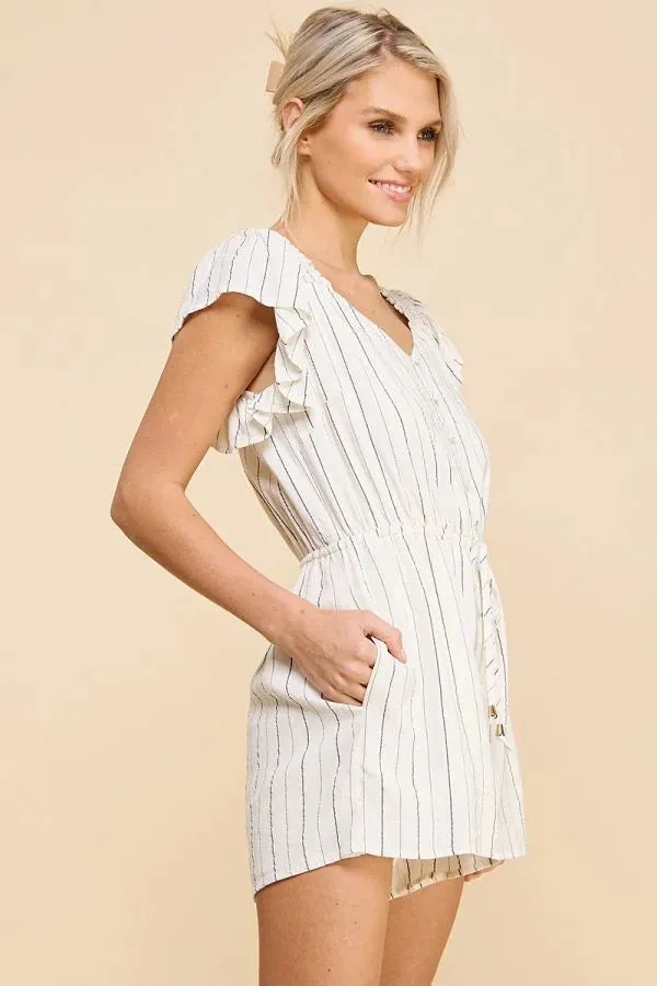 TEXTURED WOVEN STRIPED V-NECK ROMPER