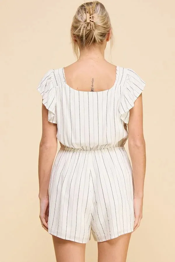 TEXTURED WOVEN STRIPED V-NECK ROMPER