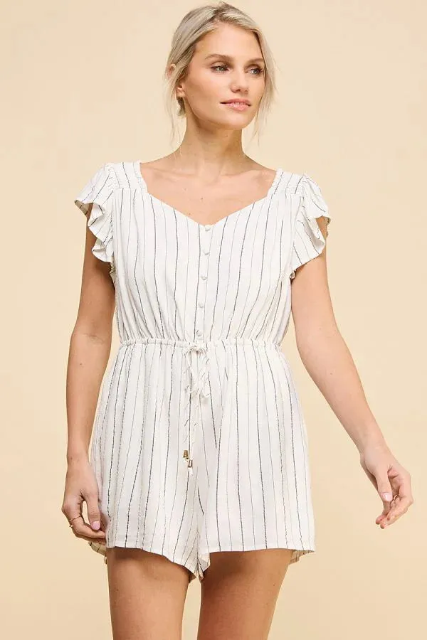 TEXTURED WOVEN STRIPED V-NECK ROMPER