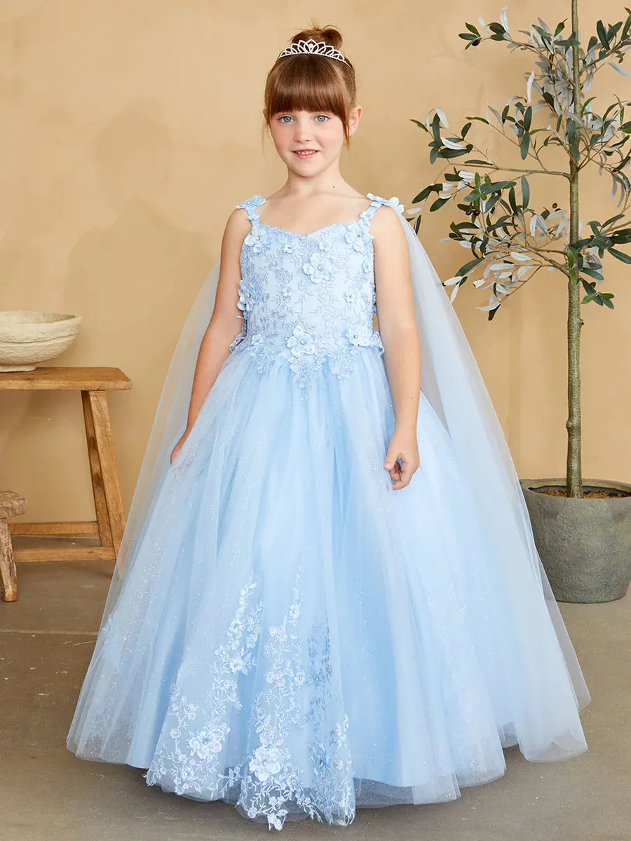 Tip Top 7040 Long Glitter Lace Girls Pageant Dress Formal Flower Girl Gown Detachable Cape