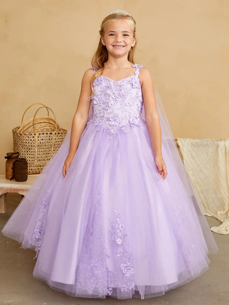 Tip Top 7040 Long Glitter Lace Girls Pageant Dress Formal Flower Girl Gown Detachable Cape