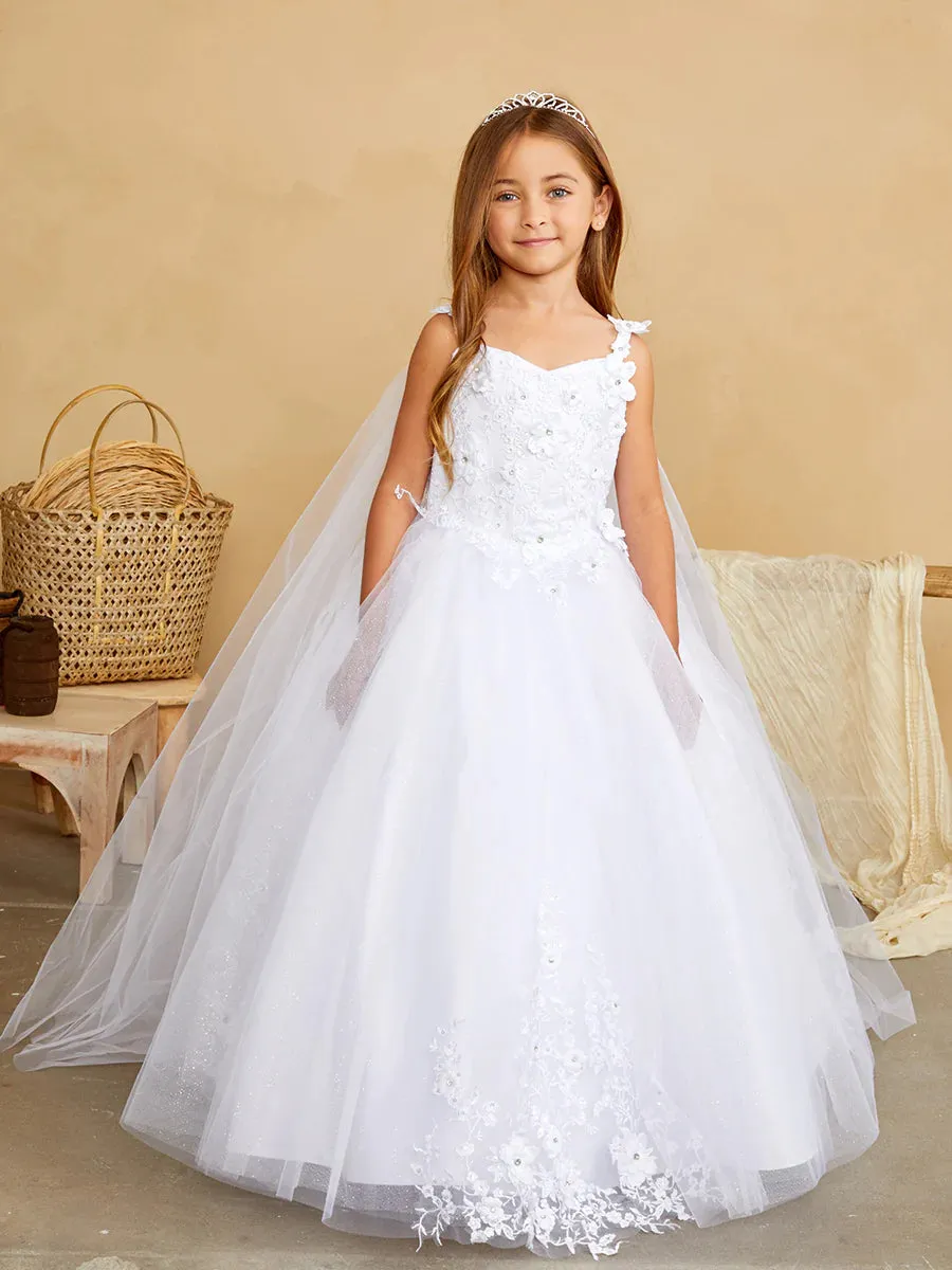 Tip Top 7040 Long Glitter Lace Girls Pageant Dress Formal Flower Girl Gown Detachable Cape