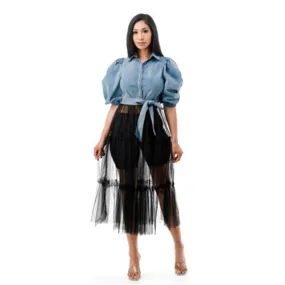 Tulle Long Smocked Maxi Top Blouse, Plus Size