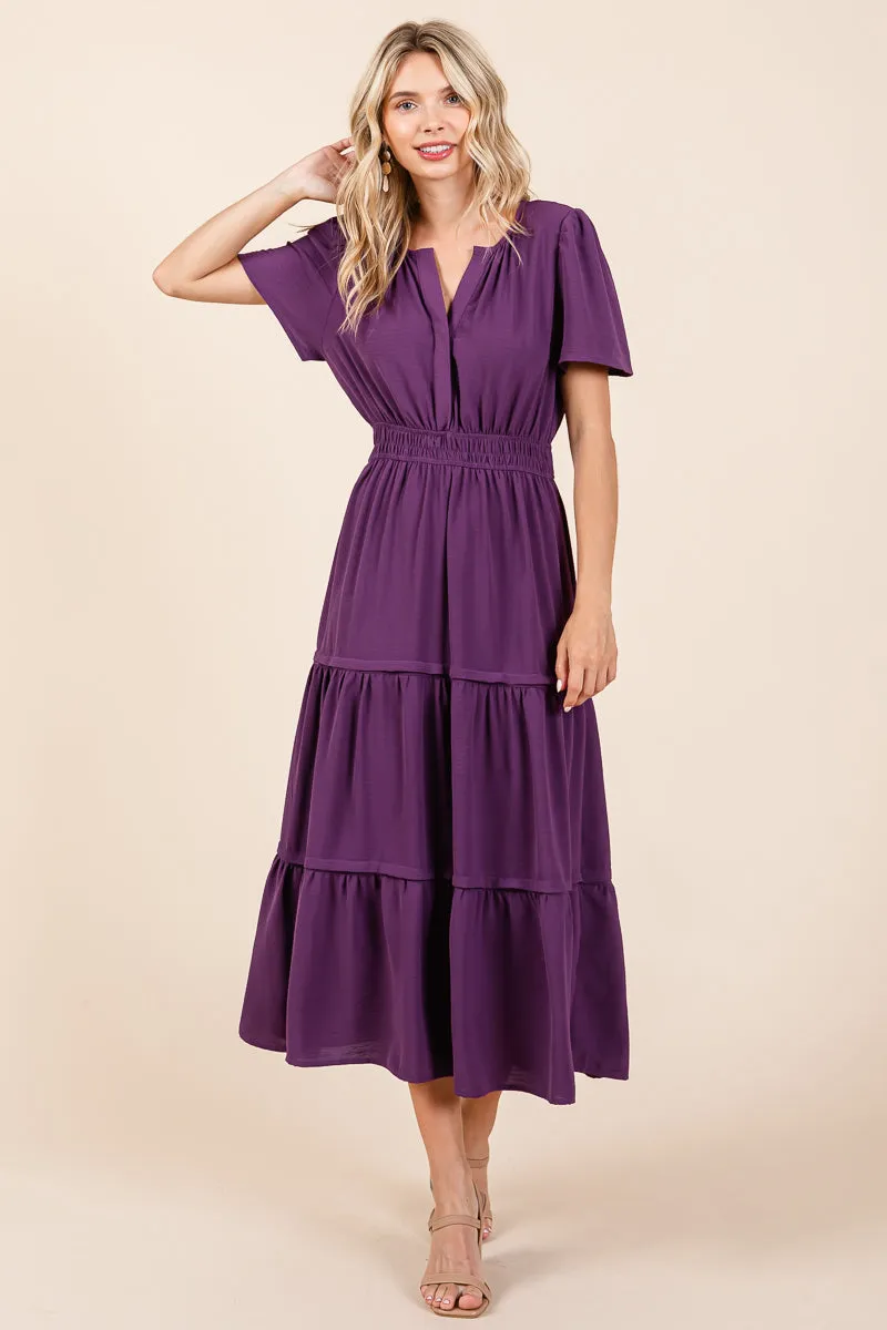 V neck Short Sleeve Layered Maxi Dress