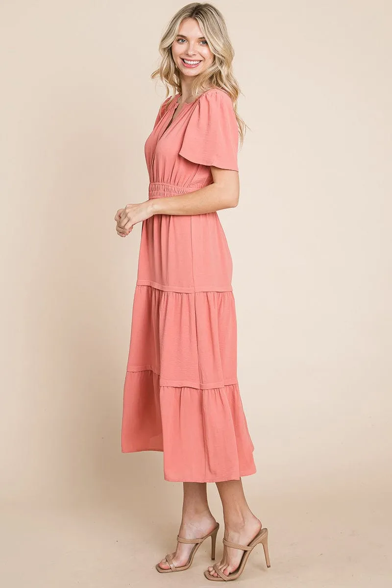 V neck Short Sleeve Layered Maxi Dress