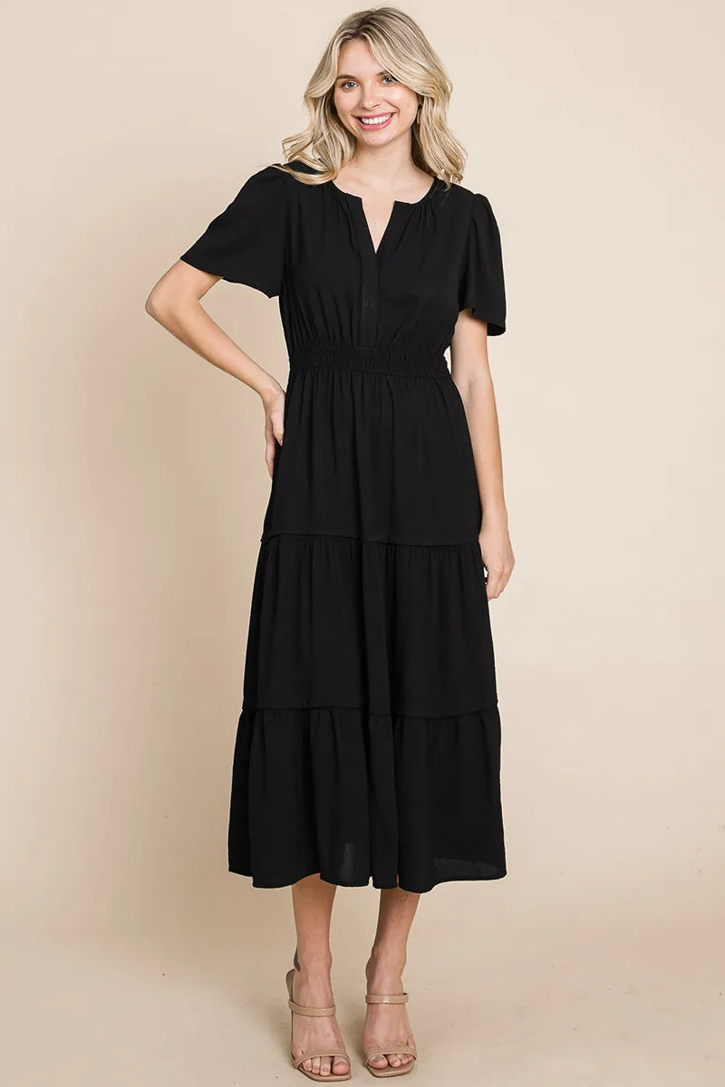 V neck Short Sleeve Layered Maxi Dress