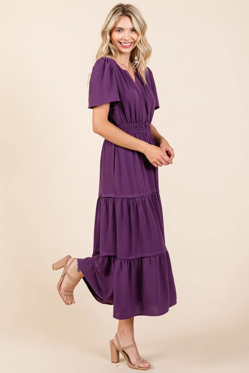 V neck Short Sleeve Layered Maxi Dress