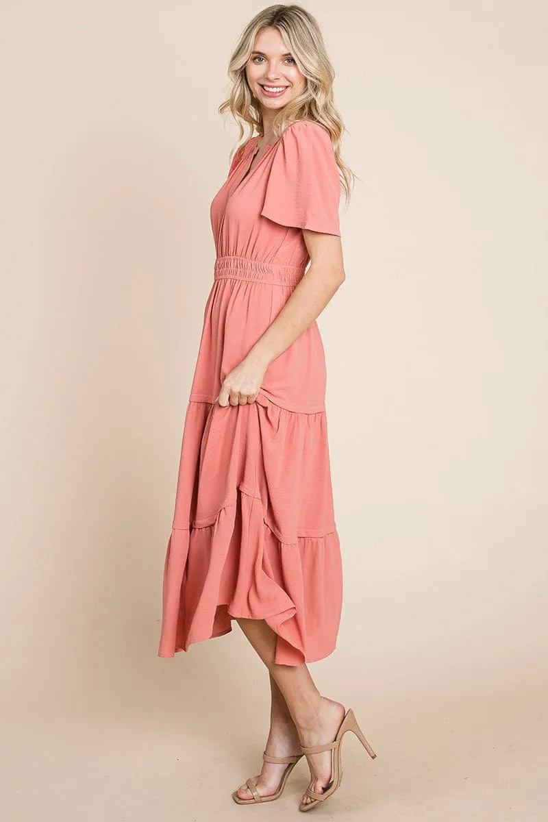 V neck Short Sleeve Layered Maxi Dress