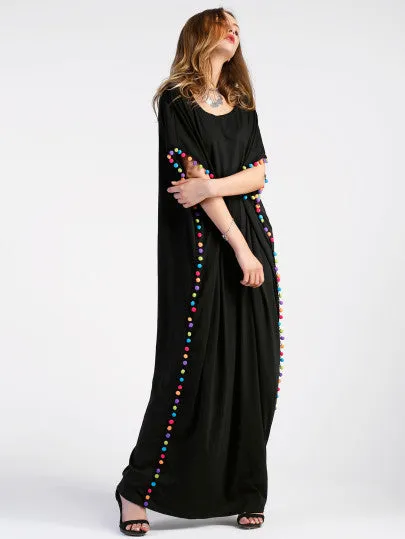 “Vibing” Boho Long pom pom maxi dress