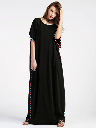 “Vibing” Boho Long pom pom maxi dress