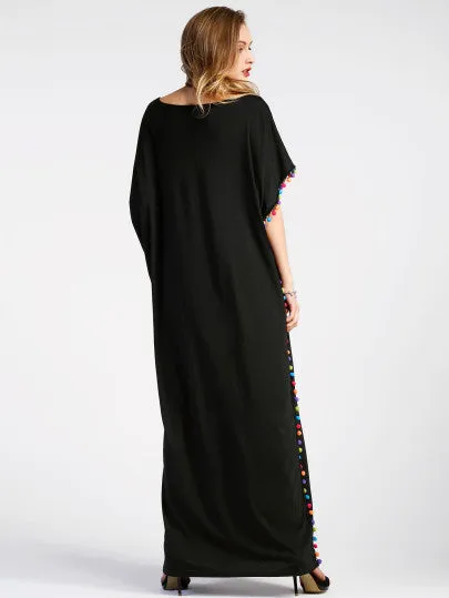 “Vibing” Boho Long pom pom maxi dress