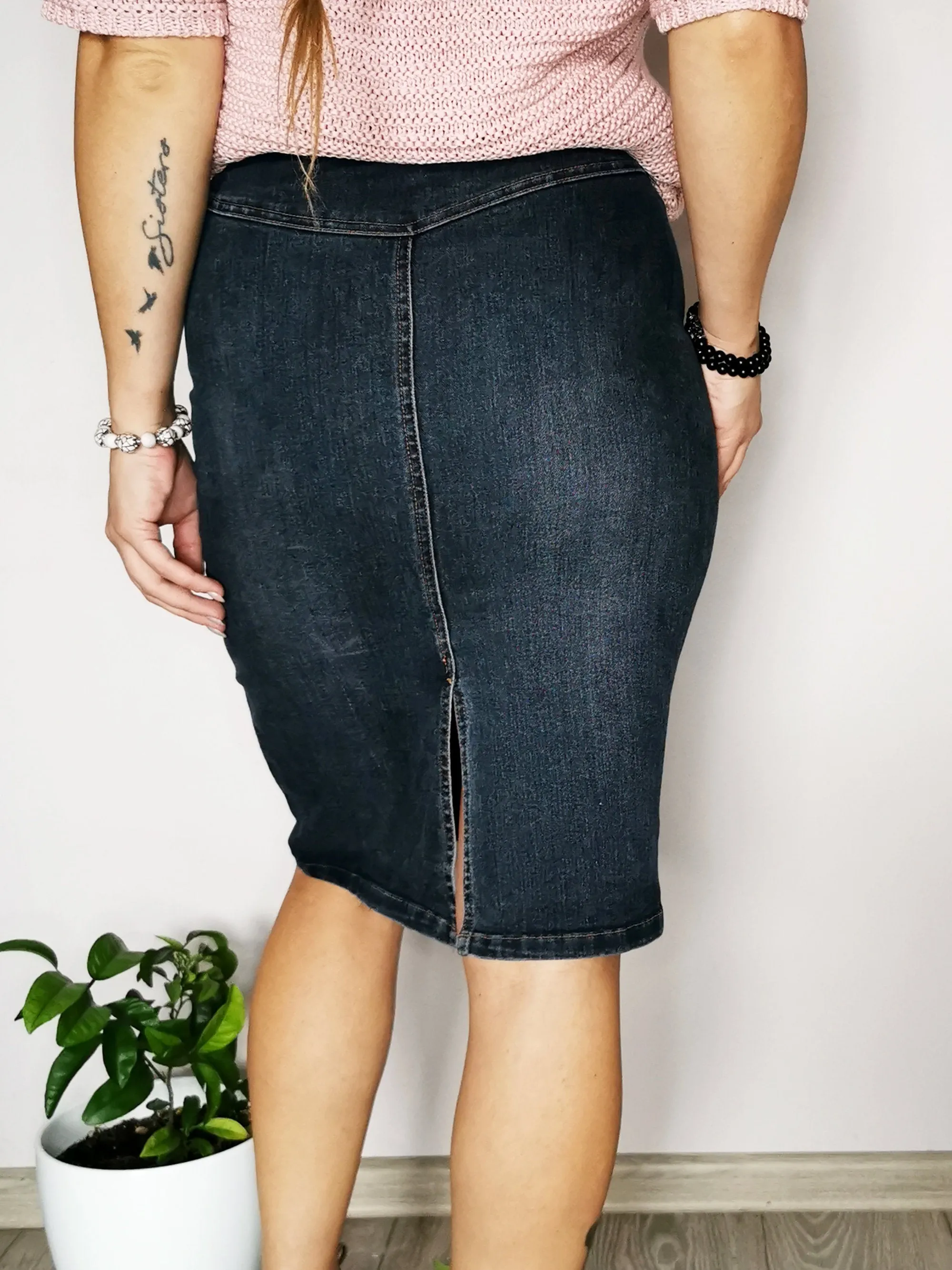 Vintage 90s denim navy blue tie up midi pencil skirt