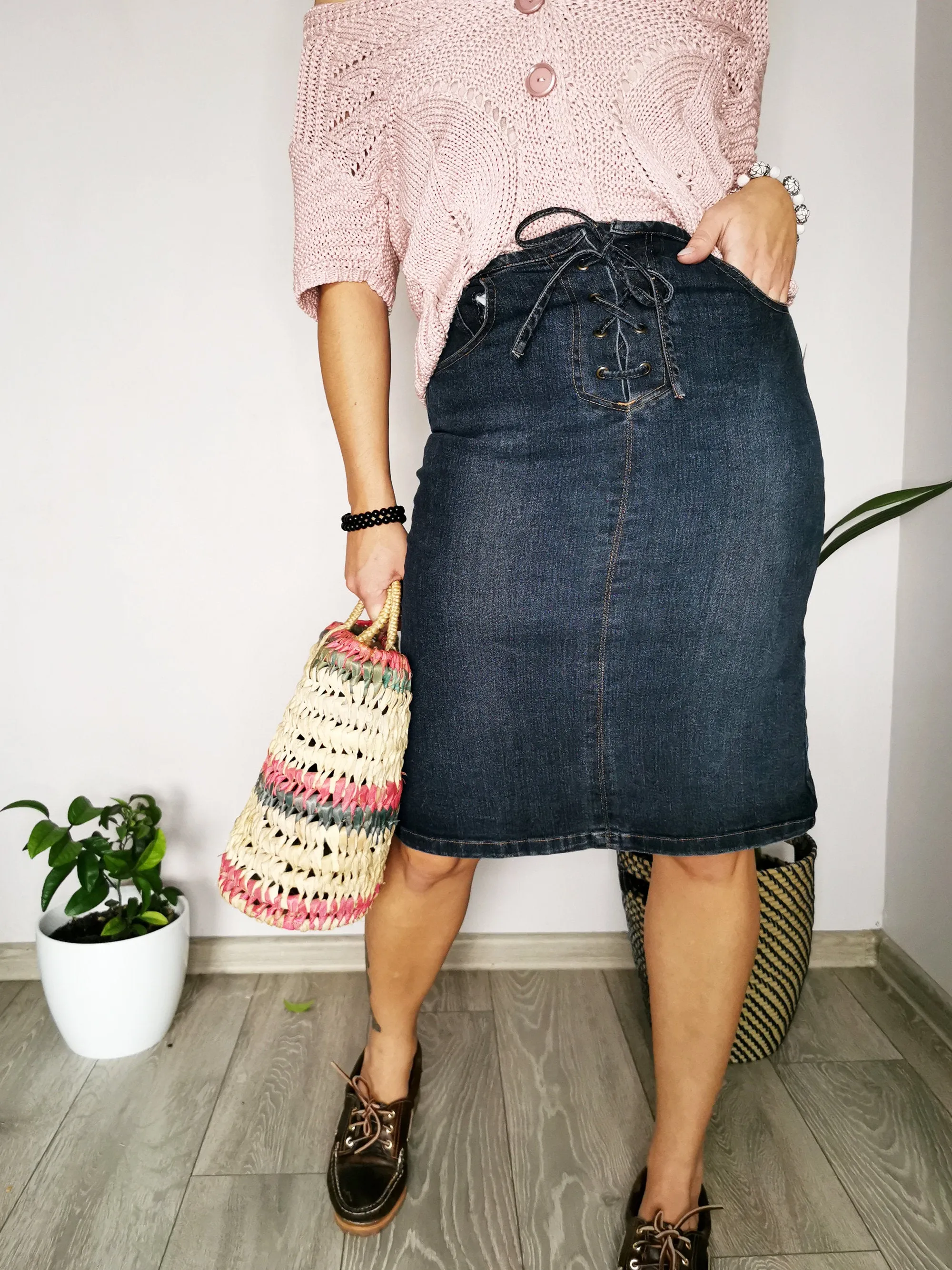 Vintage 90s denim navy blue tie up midi pencil skirt