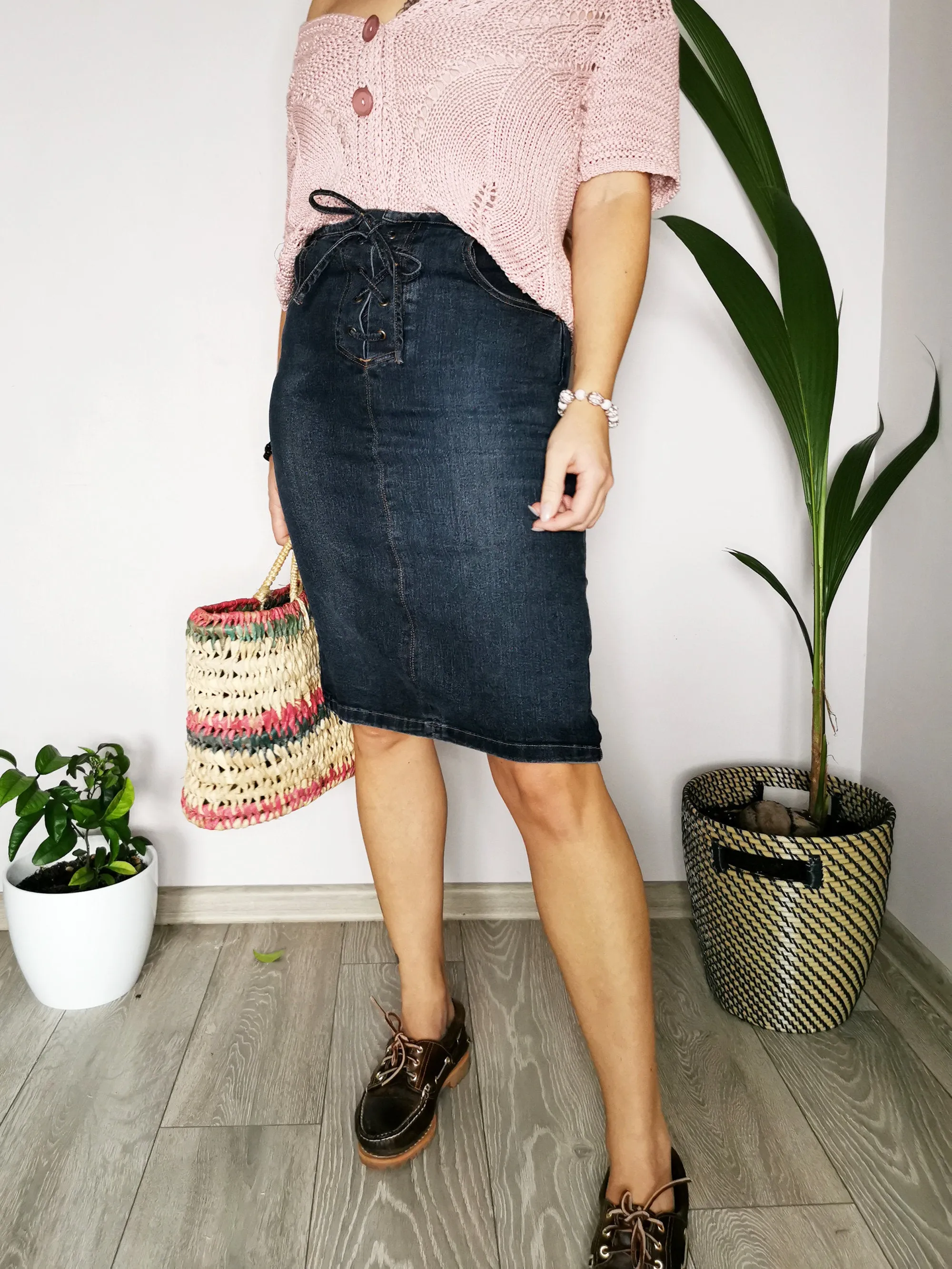 Vintage 90s denim navy blue tie up midi pencil skirt