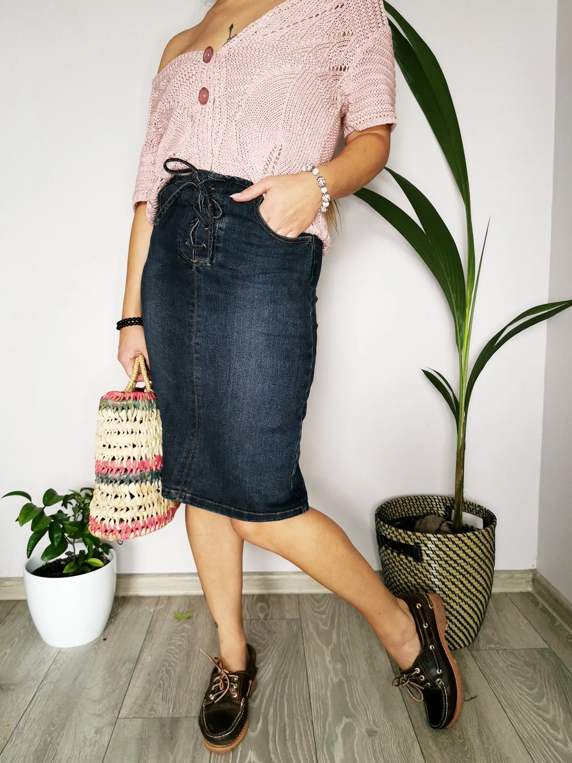 Vintage 90s denim navy blue tie up midi pencil skirt