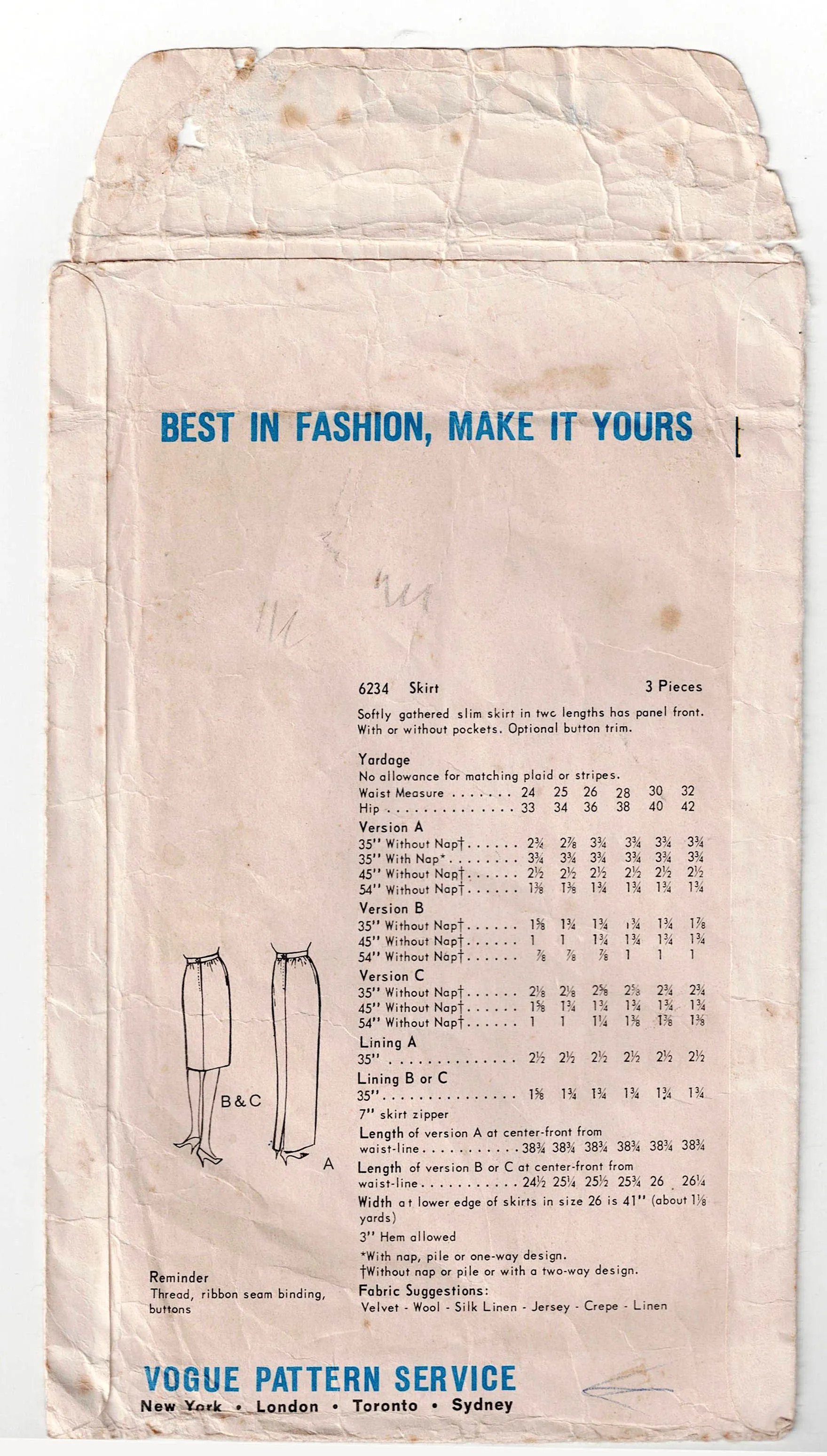 Vogue 6234 Womens Pencil Skirts 1960s Vintage Sewing Pattern Waist 24 inches