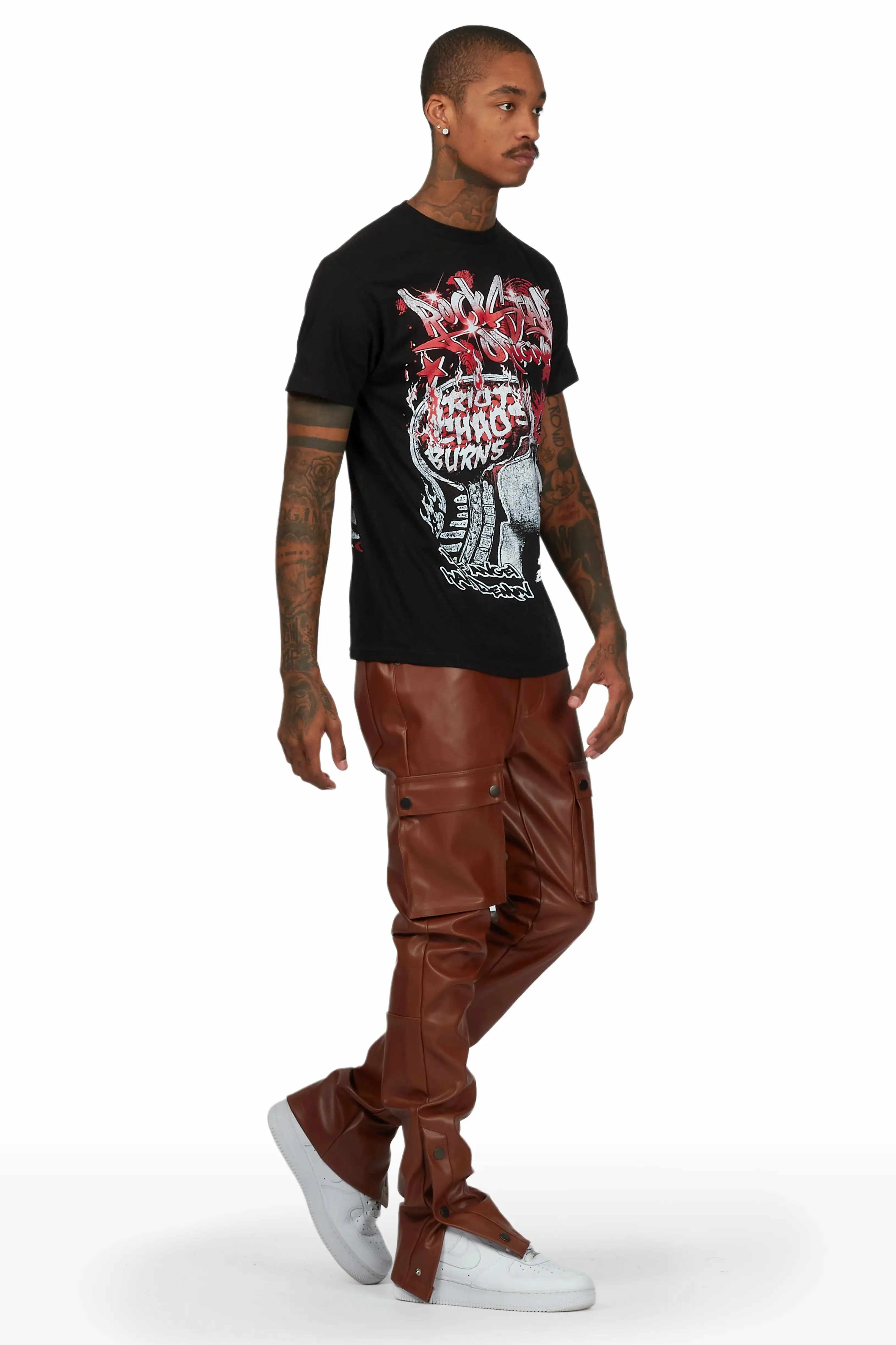 Waage Brown PU Cargo Stacked Flare Jean