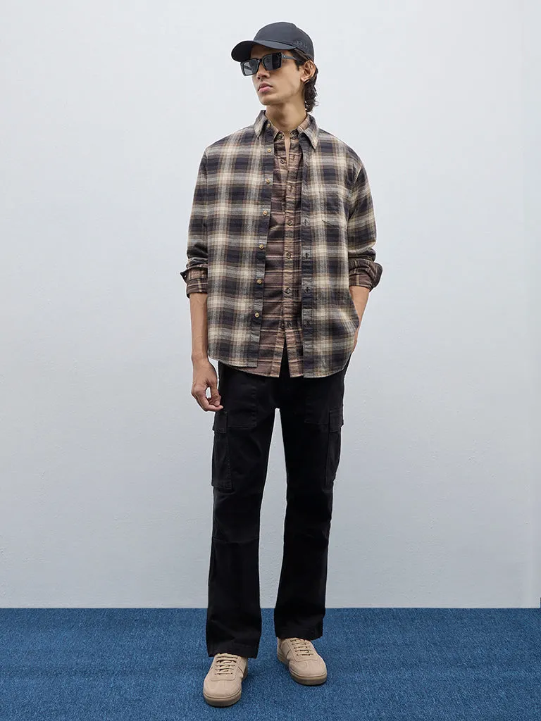 WES Casuals Brown Tartan Pattern Relaxed-Fit Cotton Shirt