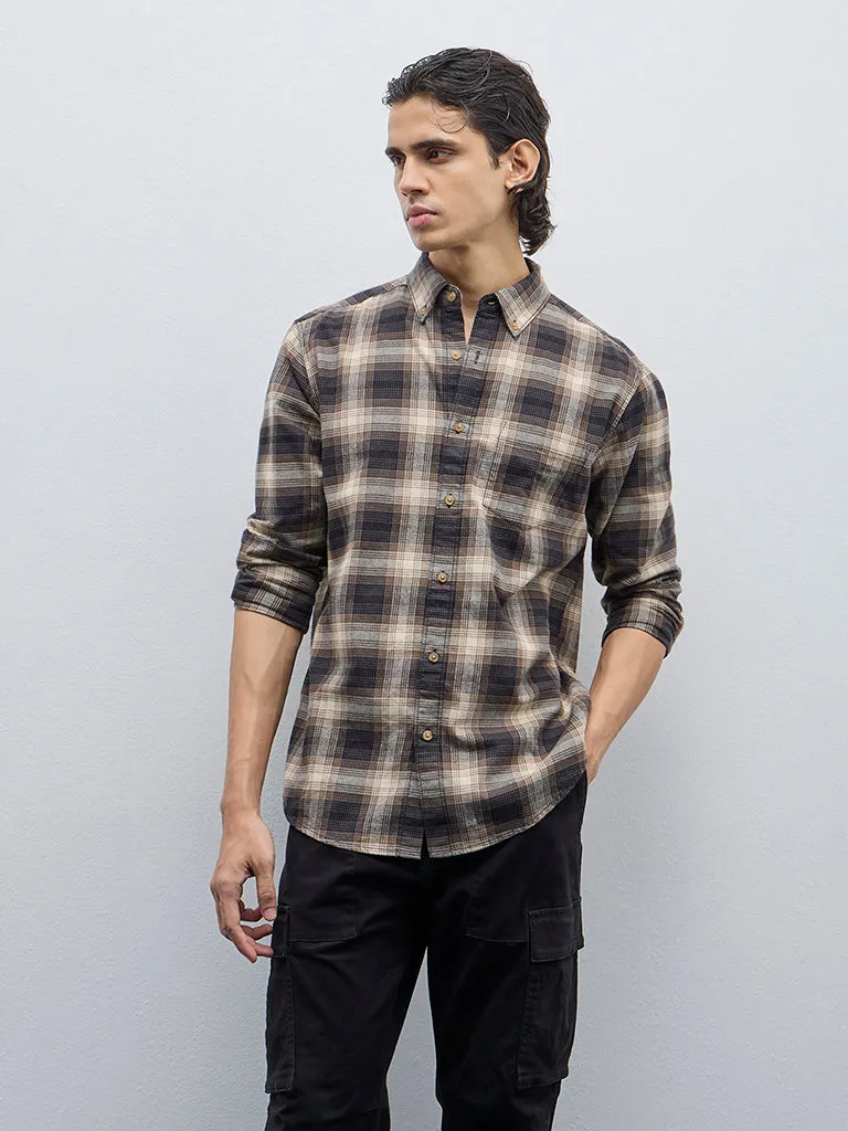 WES Casuals Brown Tartan Pattern Relaxed-Fit Cotton Shirt