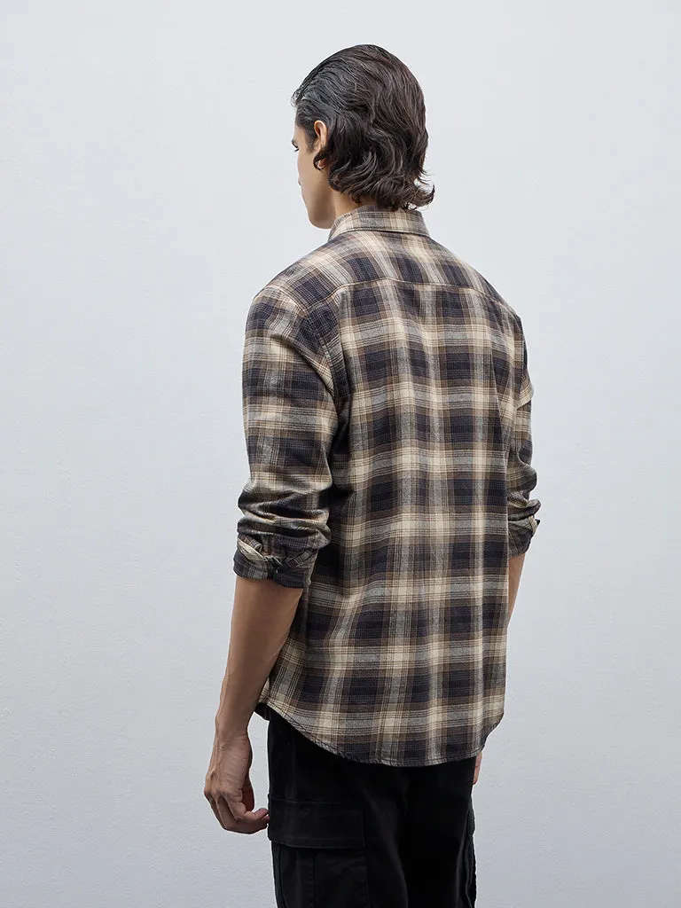 WES Casuals Brown Tartan Pattern Relaxed-Fit Cotton Shirt