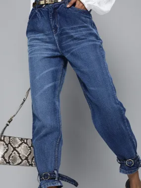 Women Blue Ring Detail High Waisted Jeans