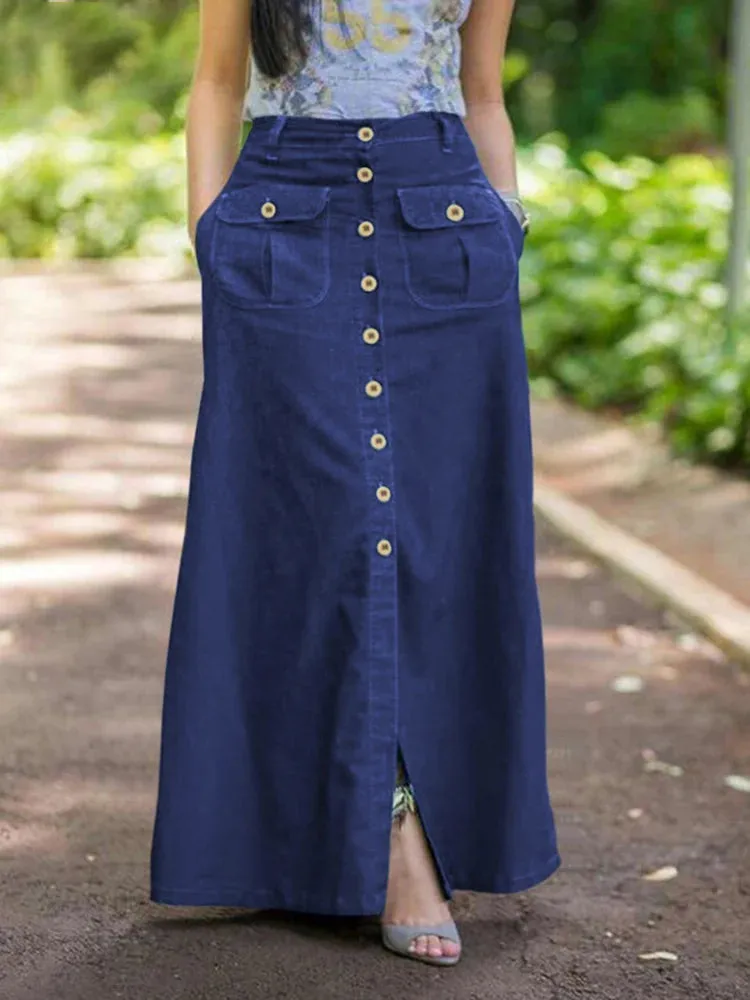 Women Denim Maxi Skirt Vintage Skirts Casual Solid Skirt Oversized