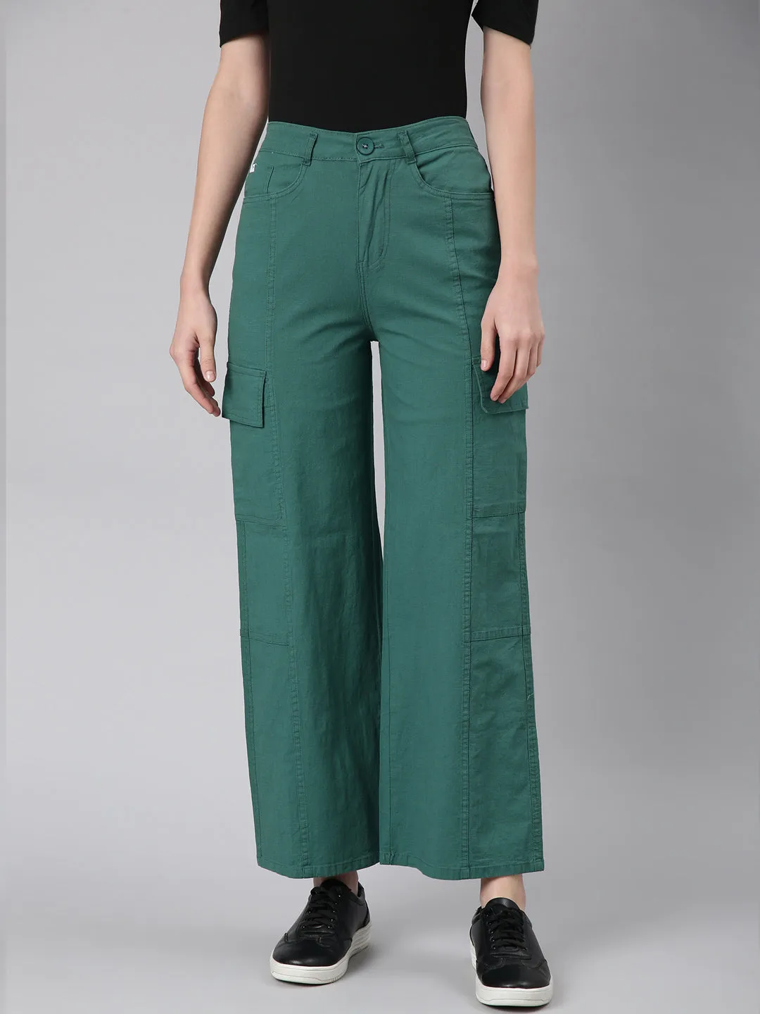 Women Green Solid Wide Leg Denim Jeans