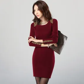 Women Korean Trendy Spliced Color-Matching Slim Look Hip Flattering Long Sleeved Dress