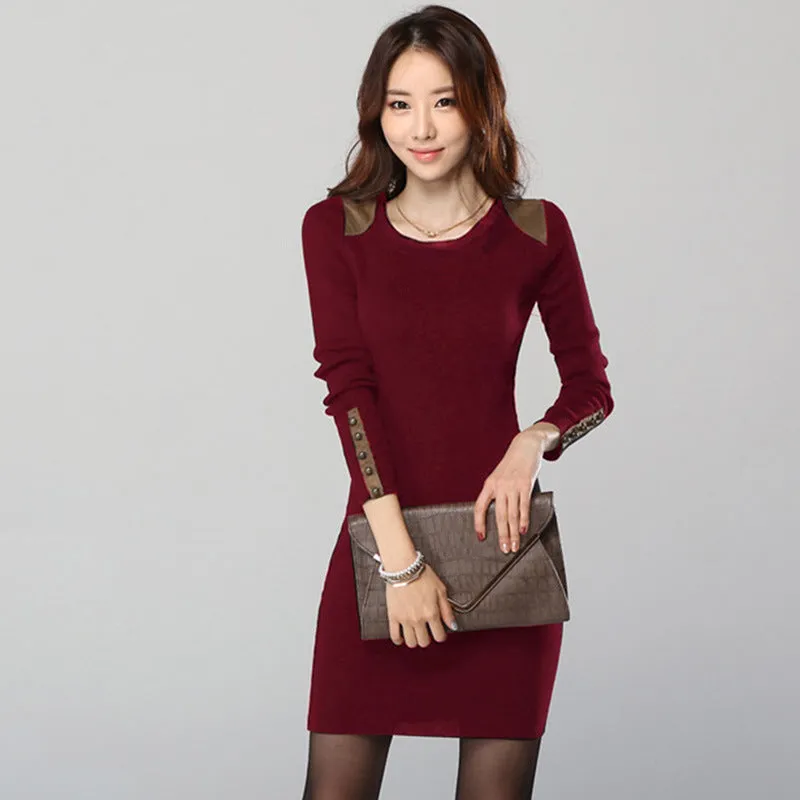 Women Korean Trendy Spliced Color-Matching Slim Look Hip Flattering Long Sleeved Dress