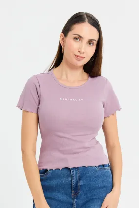 Women Mauve Minimalist Ribbed T-Shirt