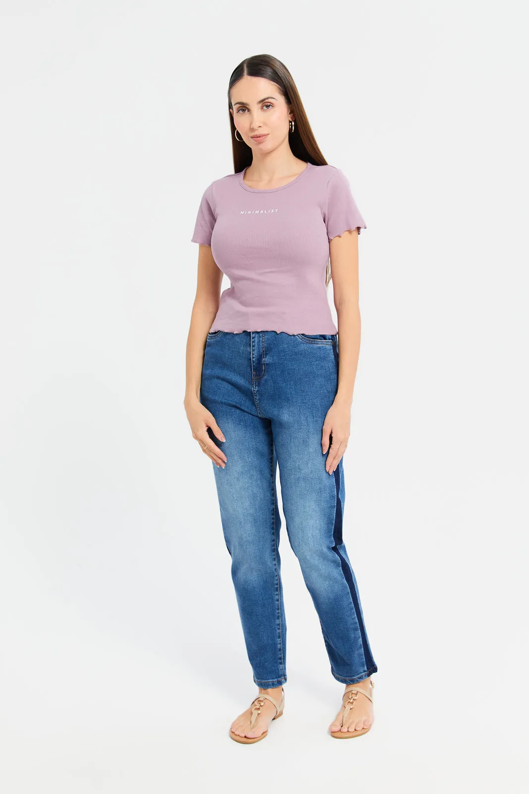 Women Mauve Minimalist Ribbed T-Shirt