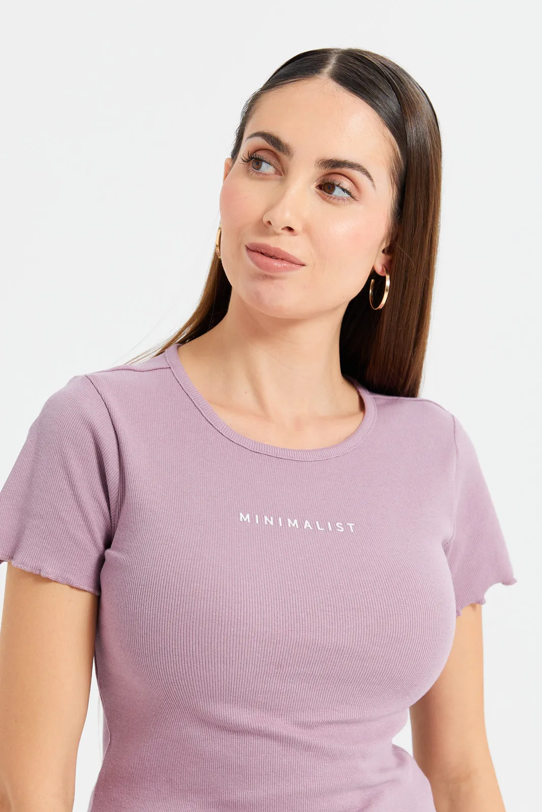 Women Mauve Minimalist Ribbed T-Shirt