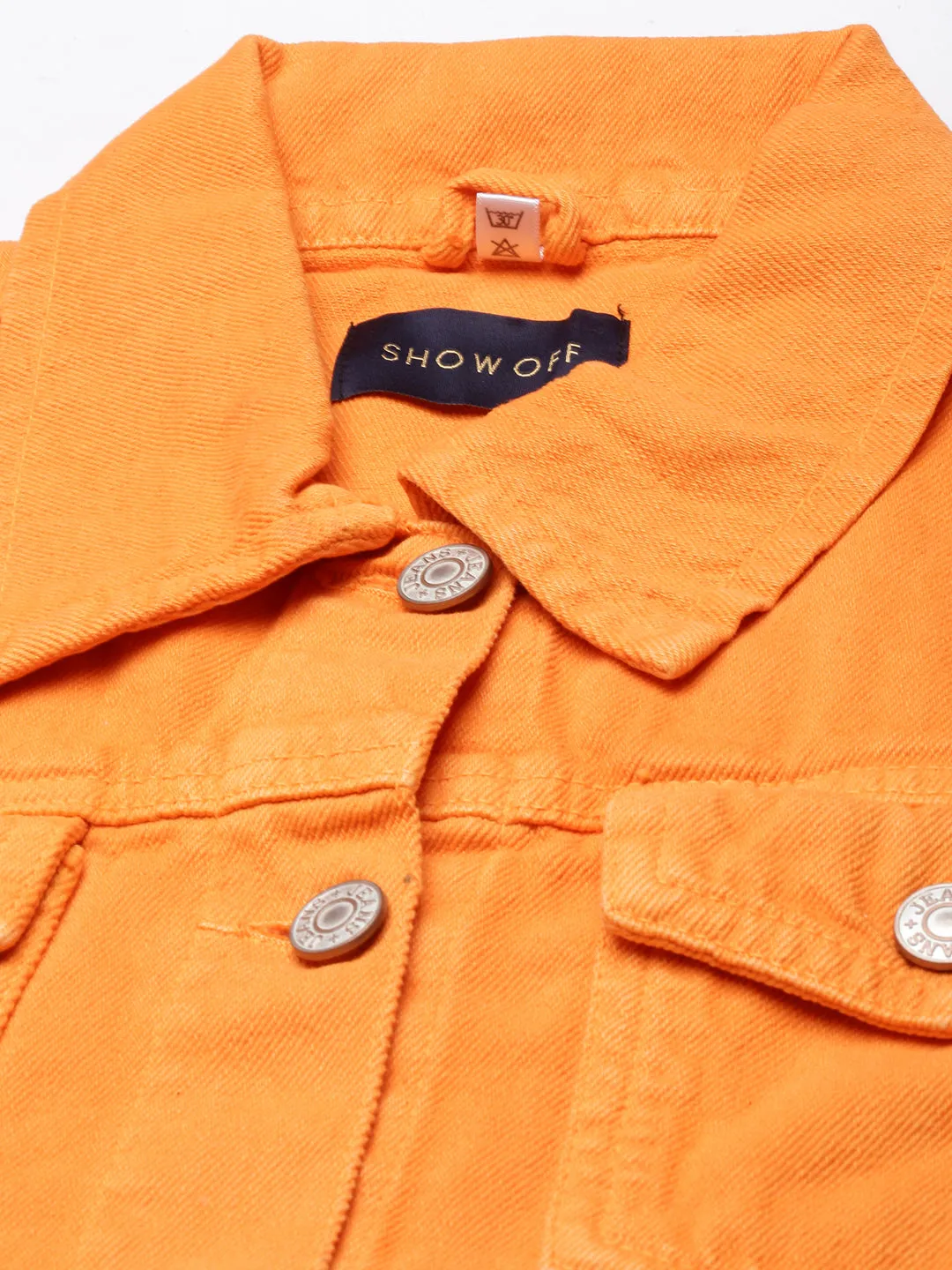 Women Orange Solid Denim Jacket