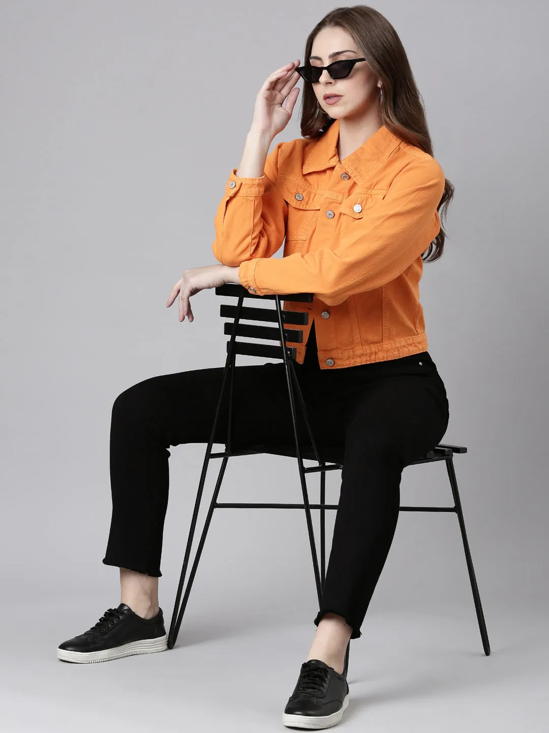 Women Orange Solid Denim Jacket