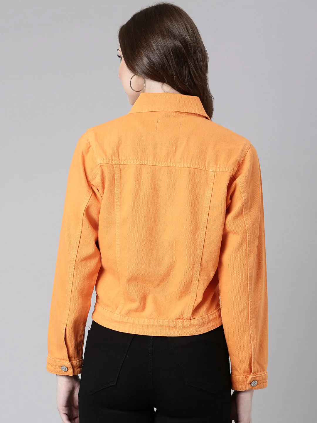 Women Orange Solid Denim Jacket