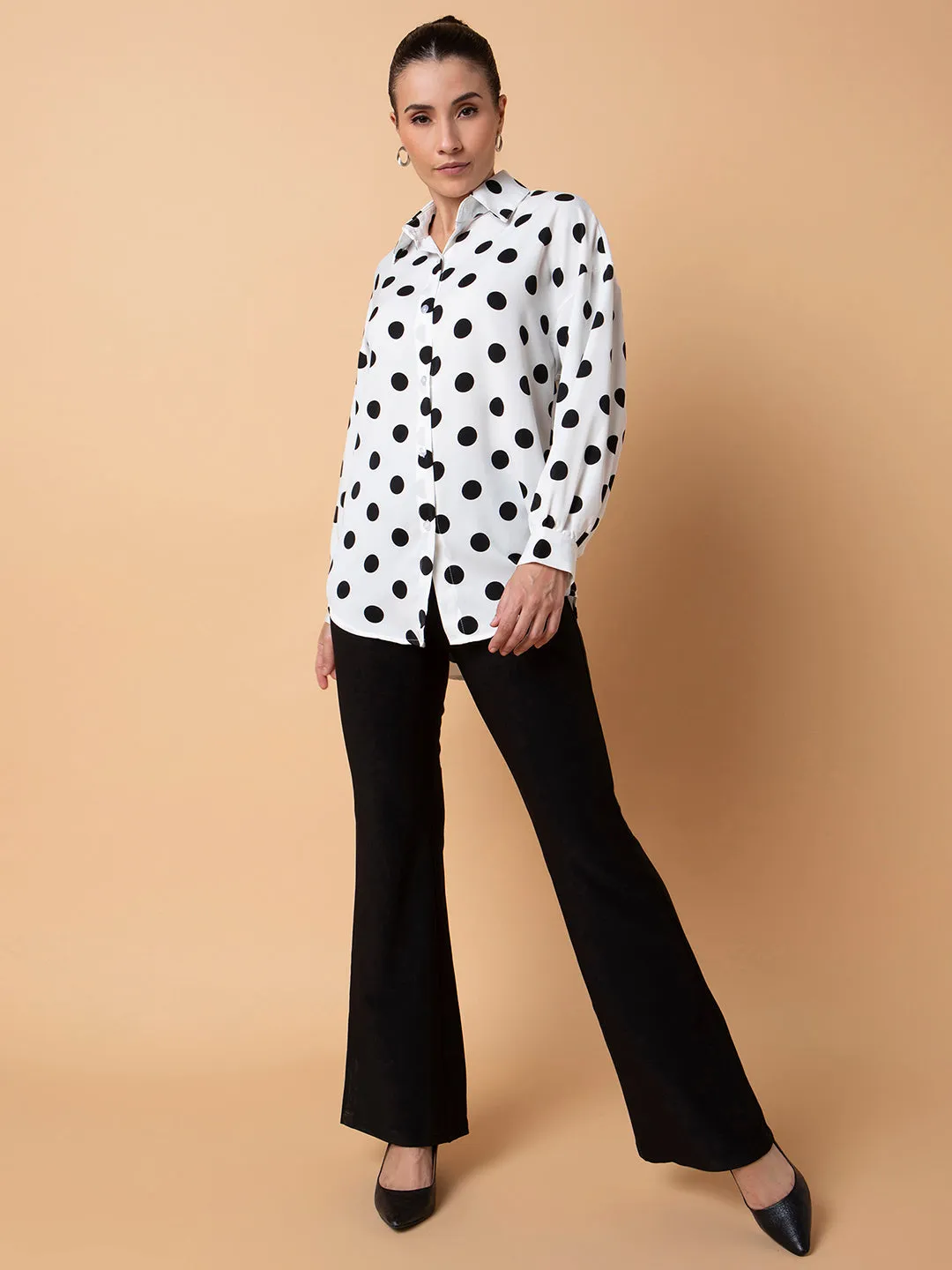 Women Polka Dots Off White Oversized Shirt