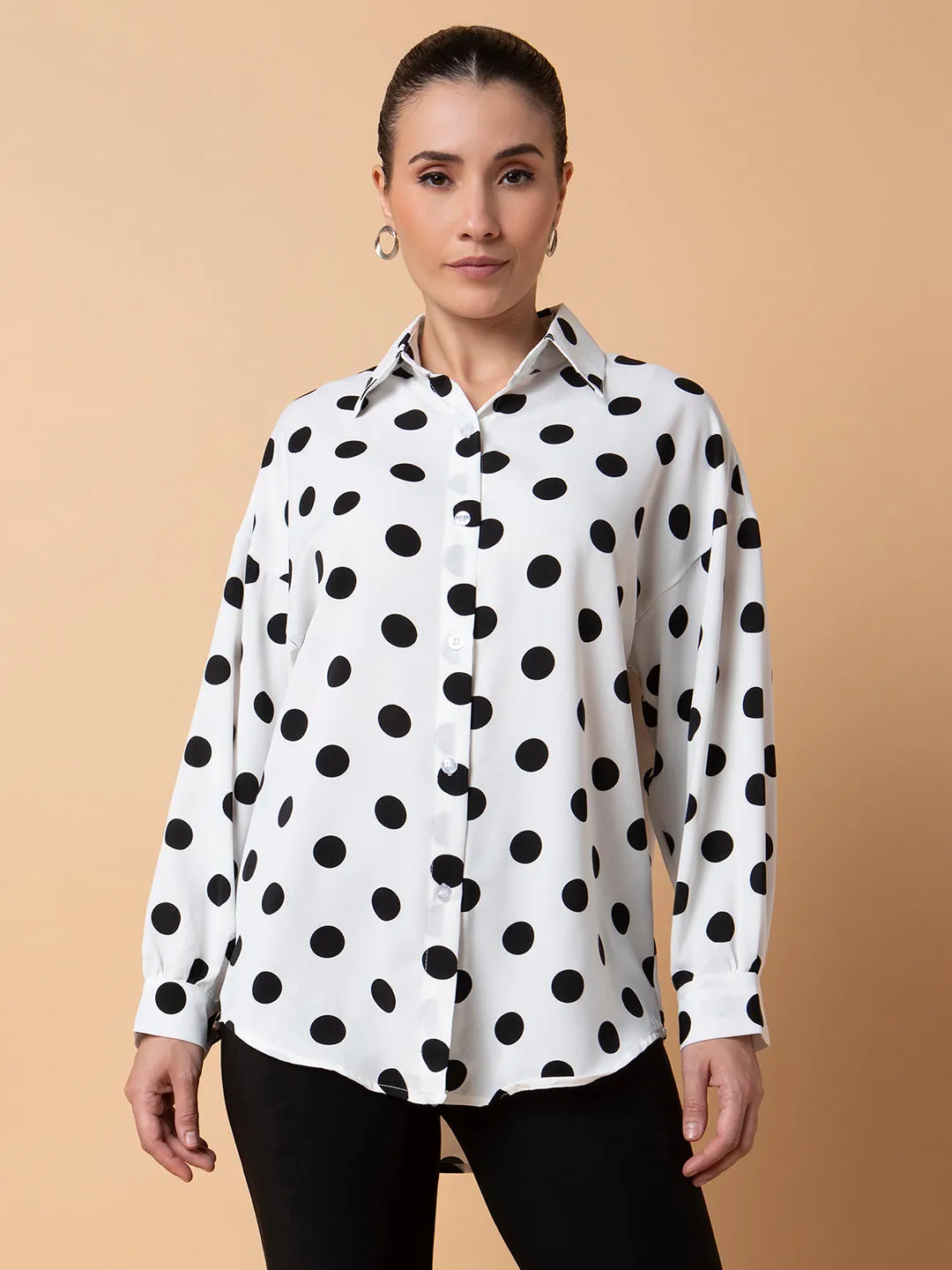 Women Polka Dots Off White Oversized Shirt