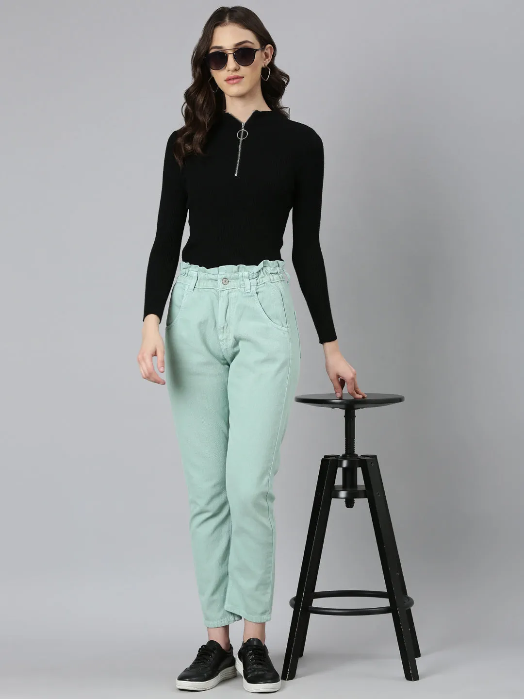 Women Sea Green Solid Regular Fit Denim Jeans