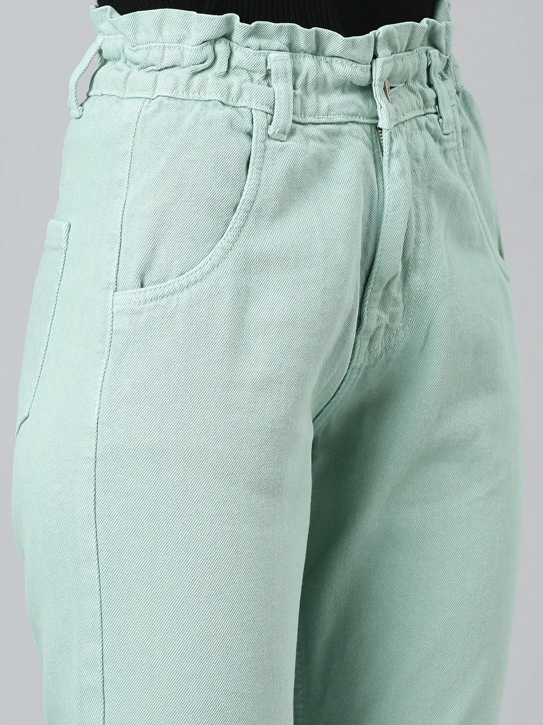 Women Sea Green Solid Regular Fit Denim Jeans