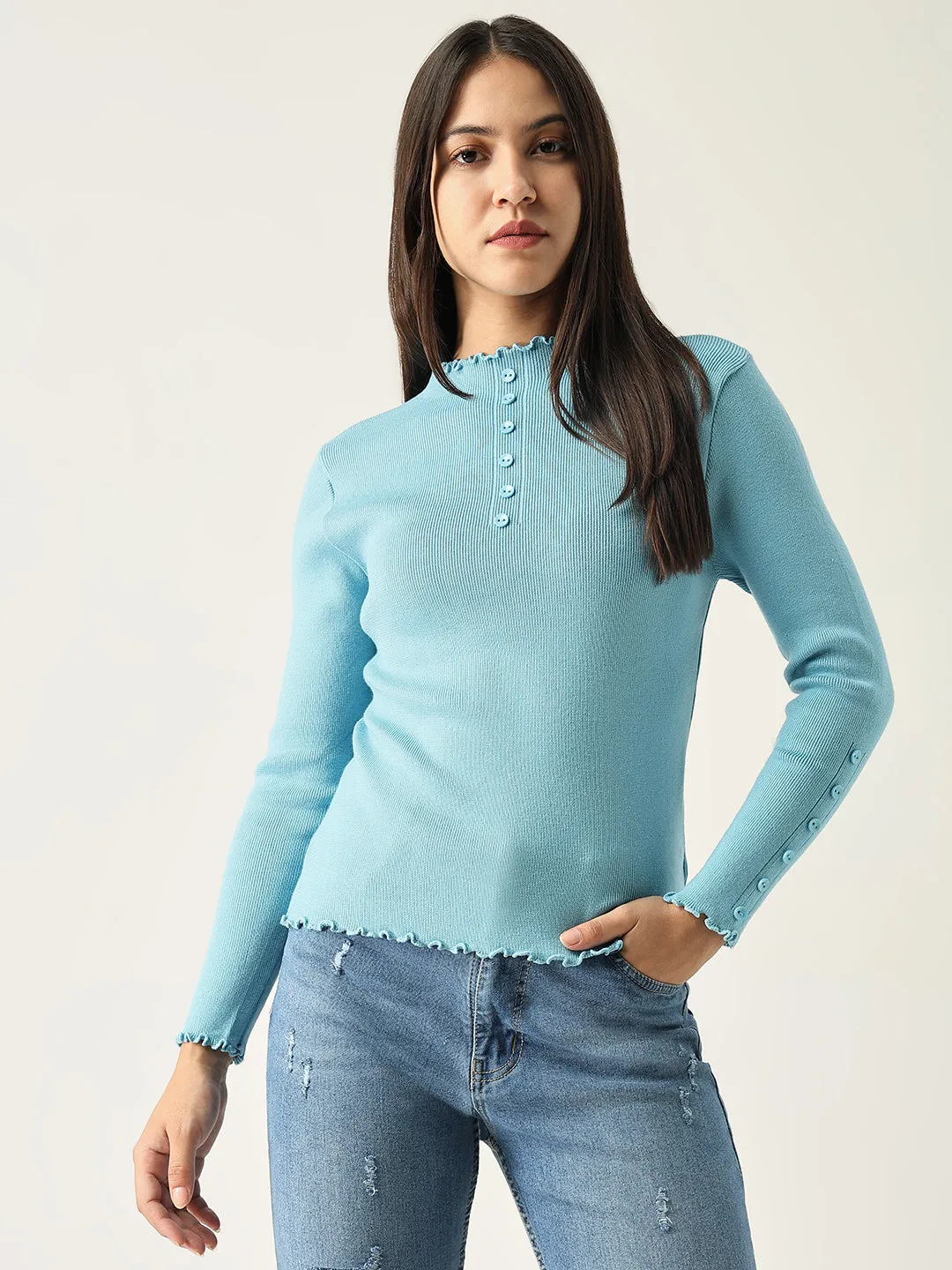 Women Solid Blue Fitted Top