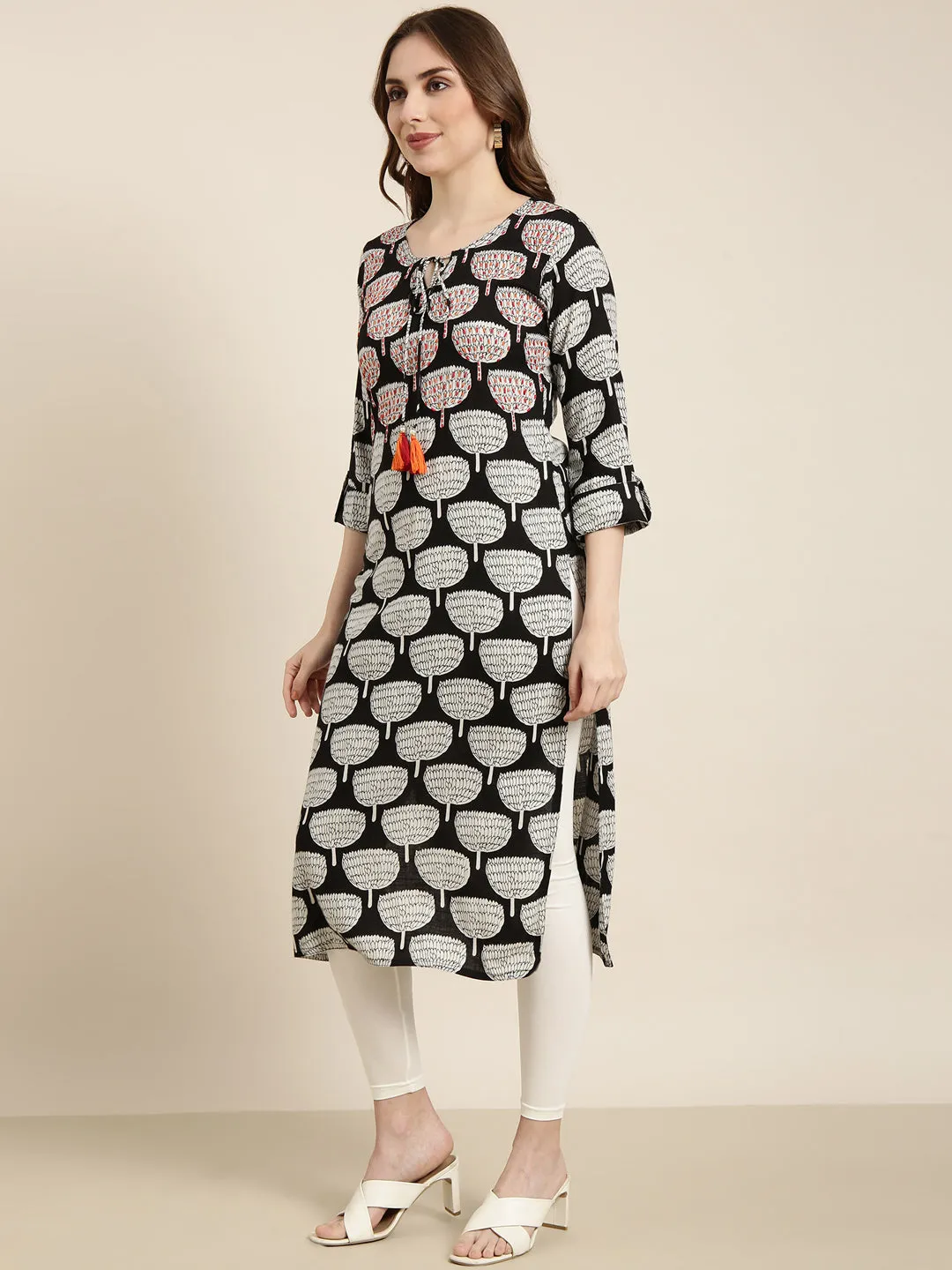 Women Straight Black Ethnic Motifs Kurta