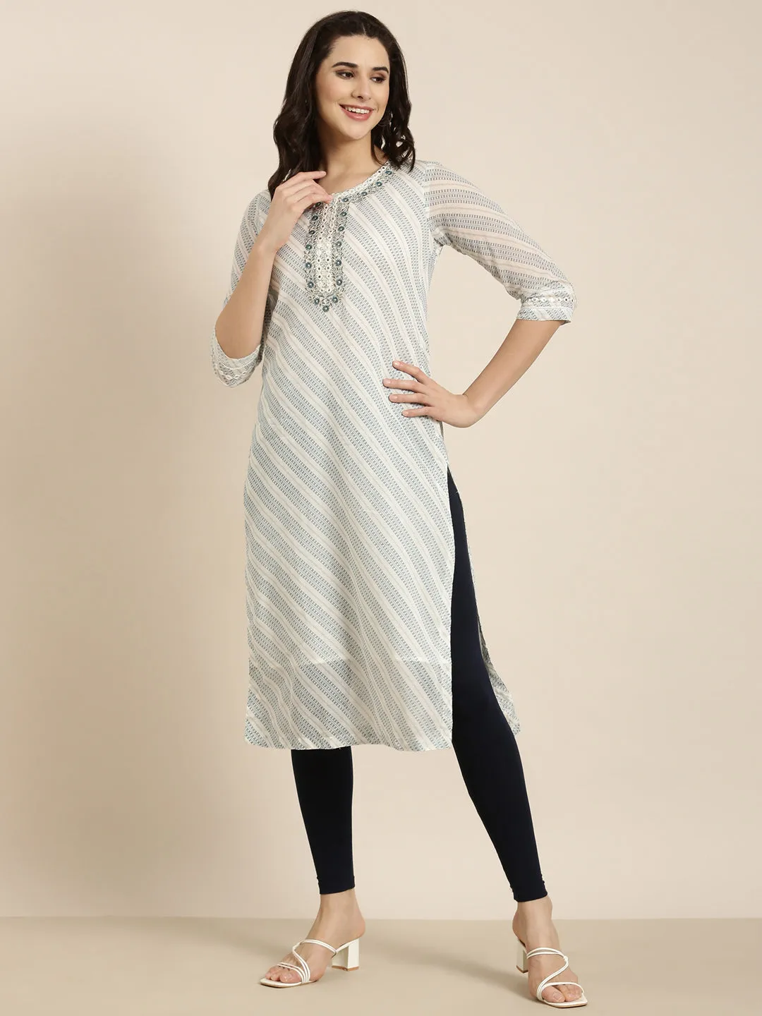 Women Straight White Abstract Kurta