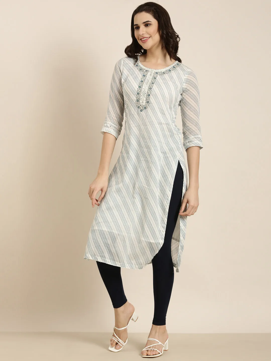 Women Straight White Abstract Kurta