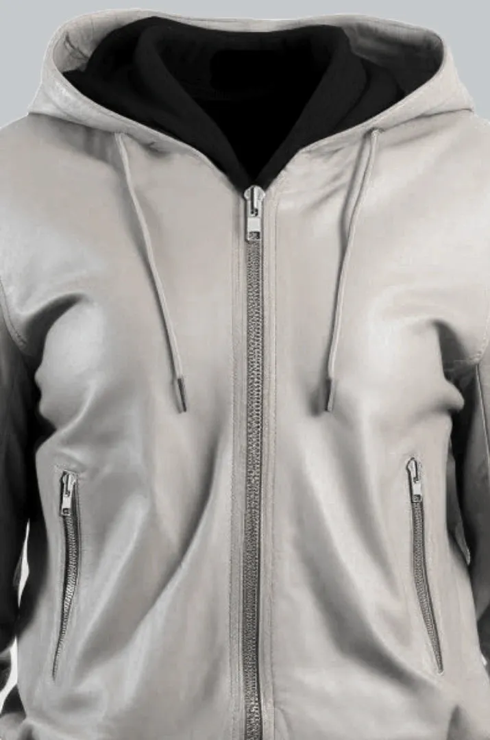 Women White Leather Jacket with Hood