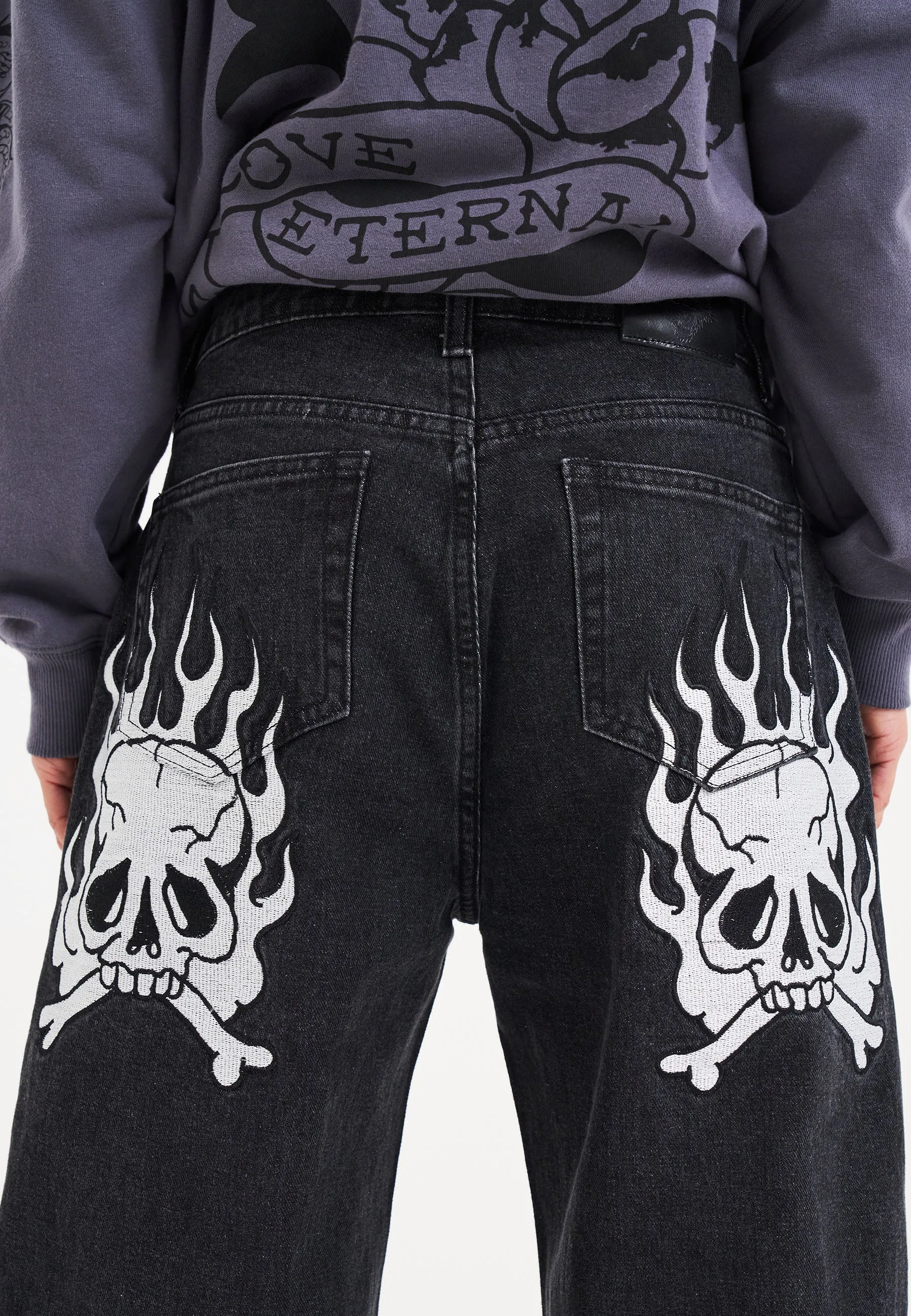 Womens Flaming Skull Relaxed Fit Denim Trousers Jeans - Black