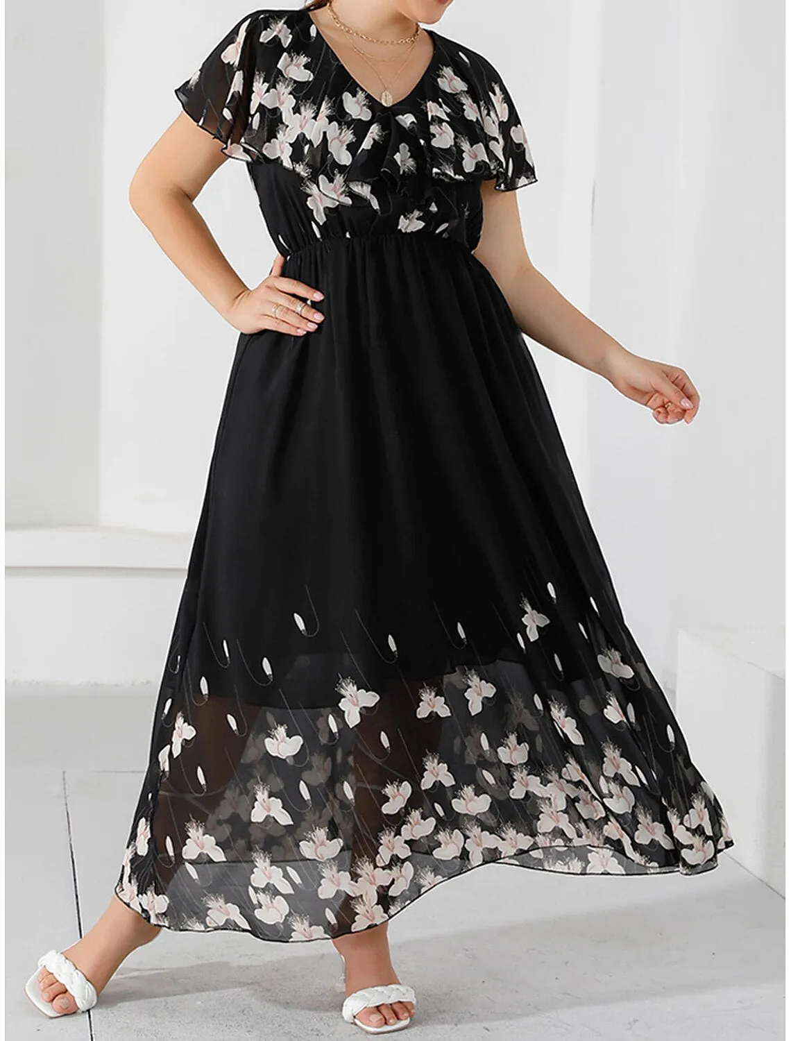 Women's Plus Size Prom Dress Party Dress Wedding Guest Dress Long Dress Maxi Dress Black Short Sleeve Floral Print Summer Spring Fall V Neck Elegant Wedding Guest Birthday Evening Party